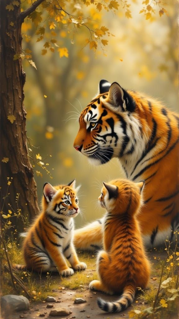 Tiger and Kitten Admire Each Other in Golden Light
