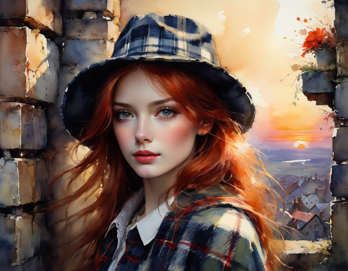 Fairytale Scottish Woman Portrait in Watercolor Style