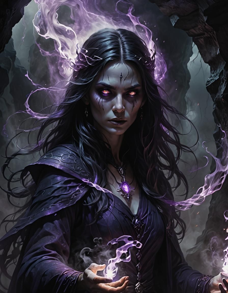 Ghostly Sorceress Casting Spell in Misty Cave