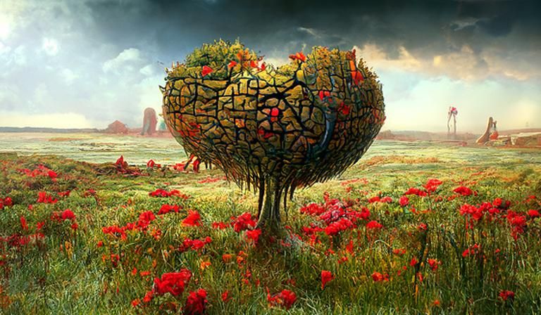 Heart Tree in Floral Field: Kinetic Pointillism Digital Art