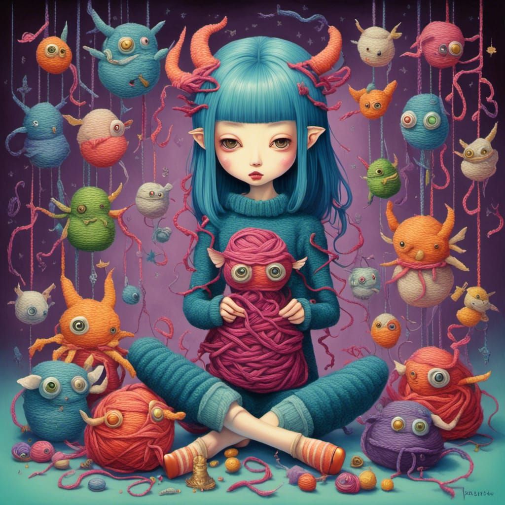 Yarn monster knitting a sweater, <lora:Breath of Fire:1.0> p...