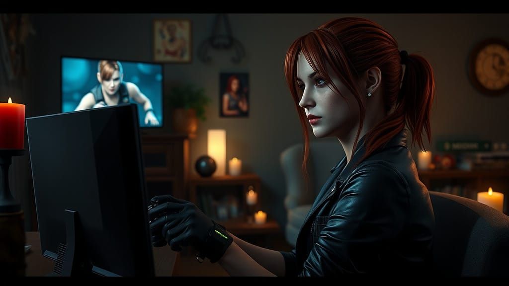 Claire Redfield Gaming in a Dark, Moody Atmosphere