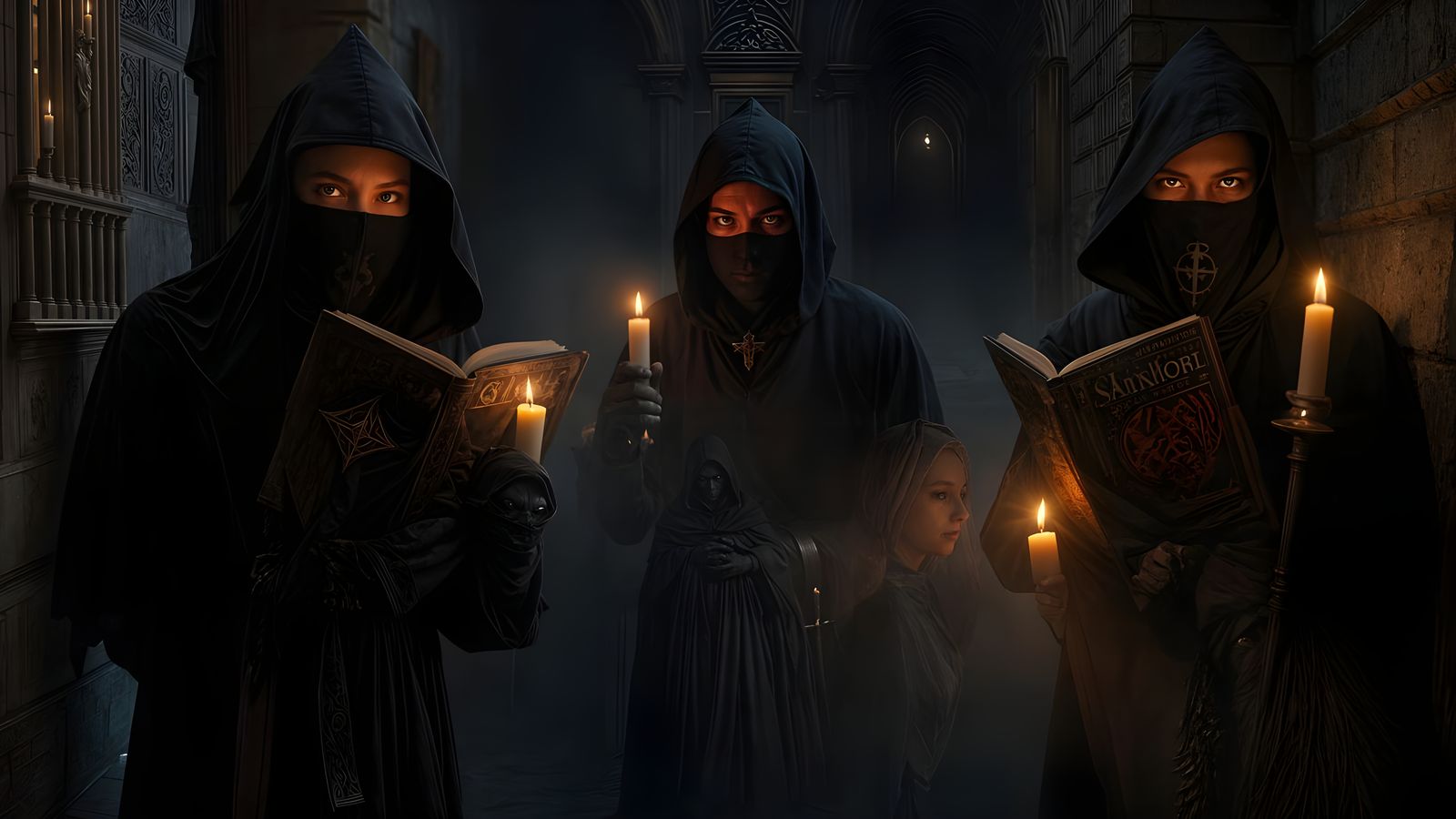 Dark Monks in Candlelit Hallway