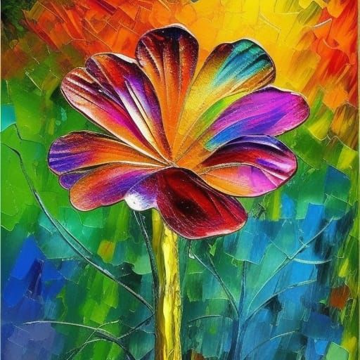 Iridescent Metal Flower in Expressionist Impasto Style