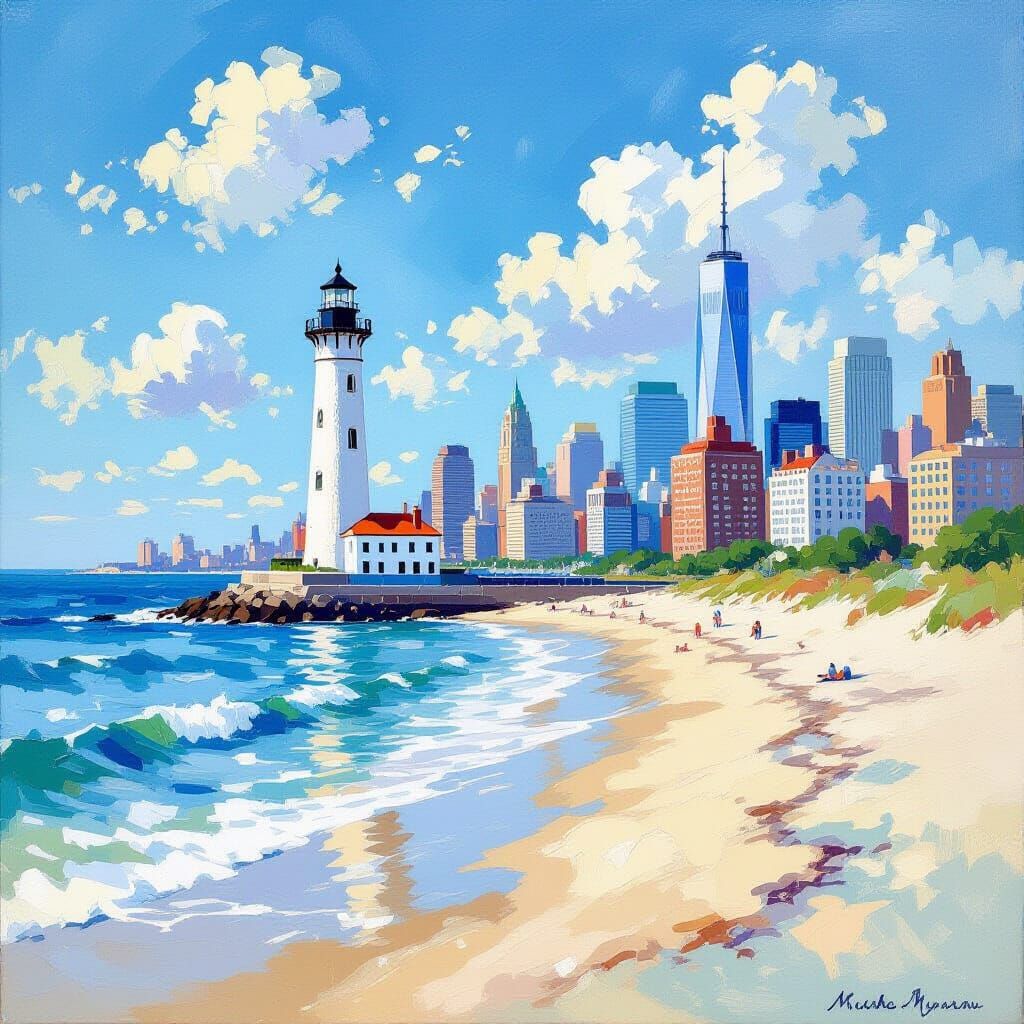 New Jersey Coastal City in Impressionist Style