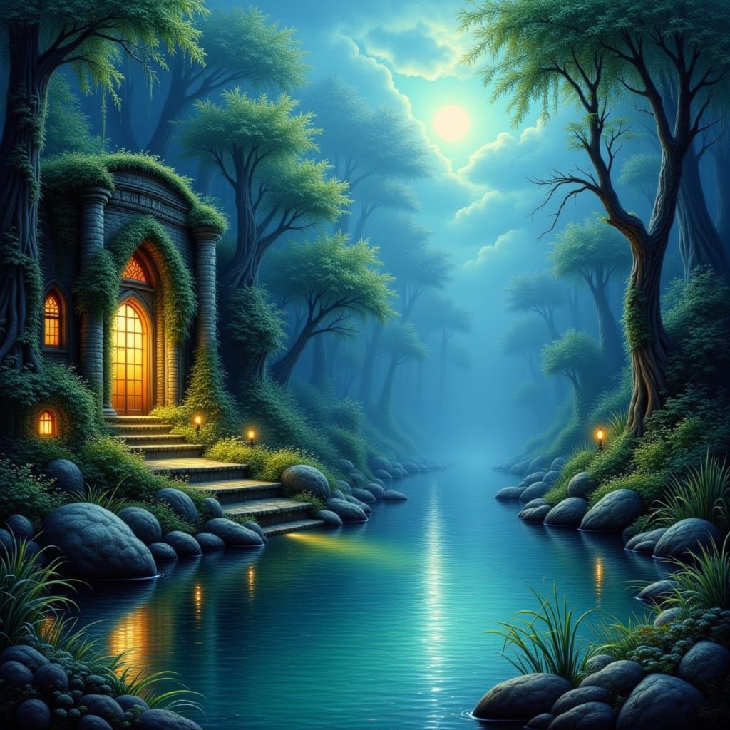 Enchanted Ruin Landscape Painting with Bioluminescent Flora
