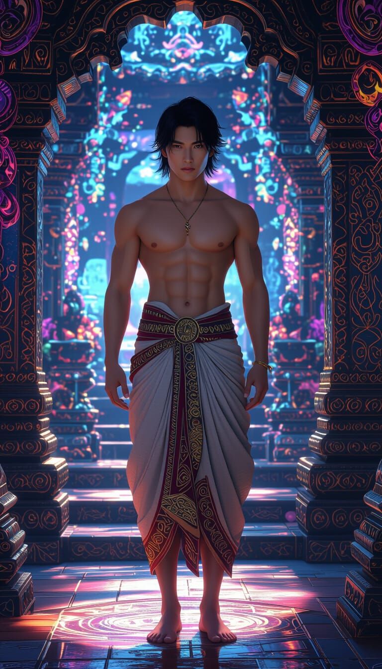 Ornate Sarong Man in Mystical Temple