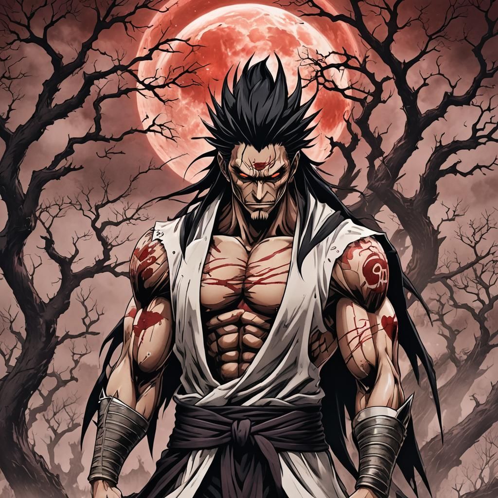 Illustrate a tattoo of Zaraki Kenpachi under a blood-red moo...