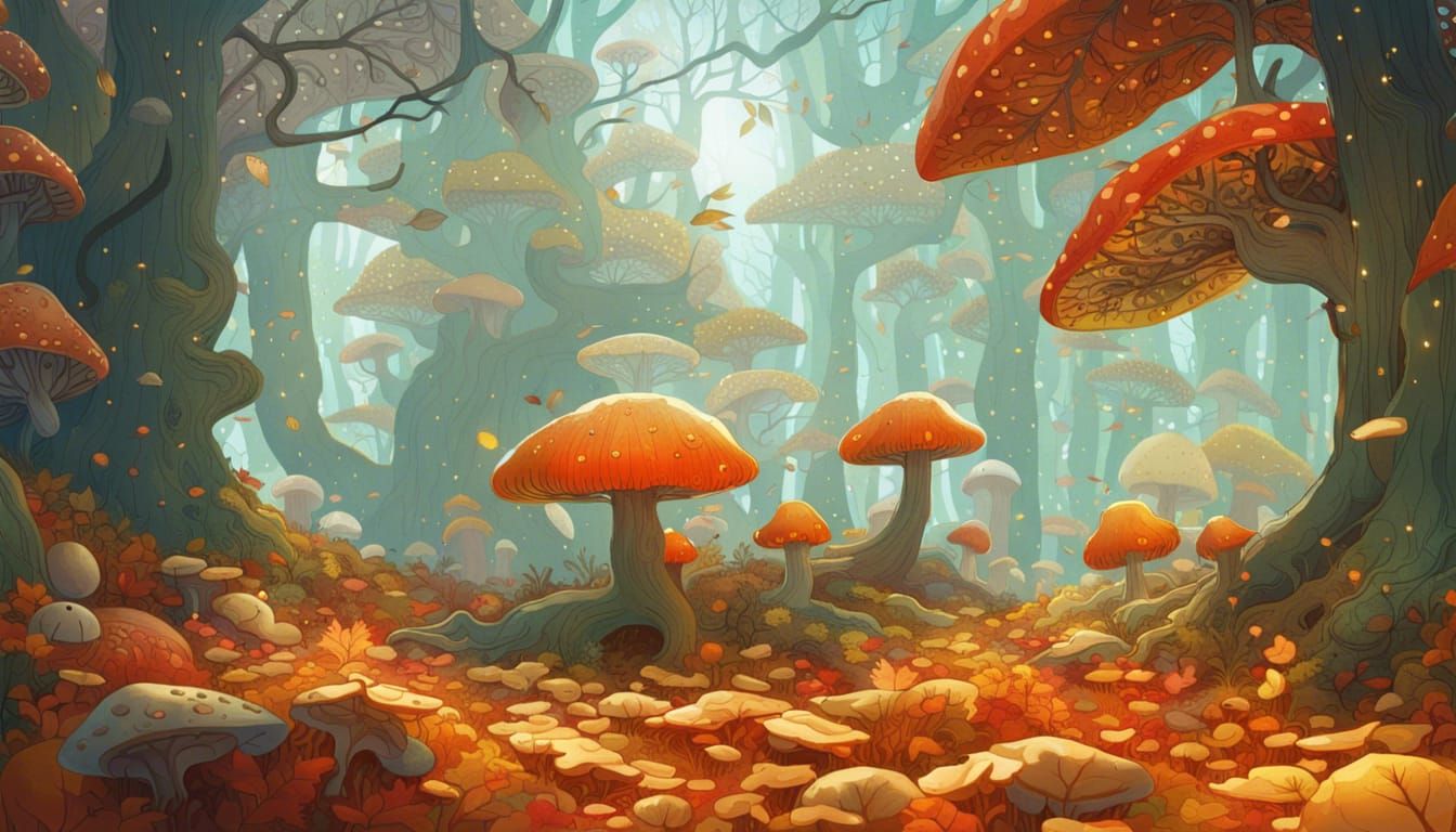 Enchanted Autumn Forest with Ornate Mushrooms