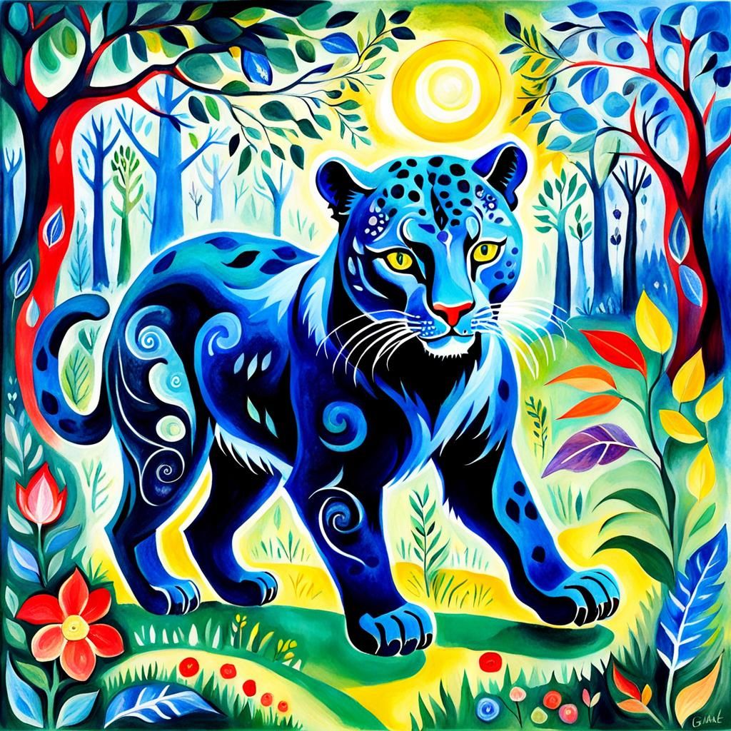 Shaman spirit animal, surreal magical panther, glade, gouache, Marc Chagall, Franz Marc