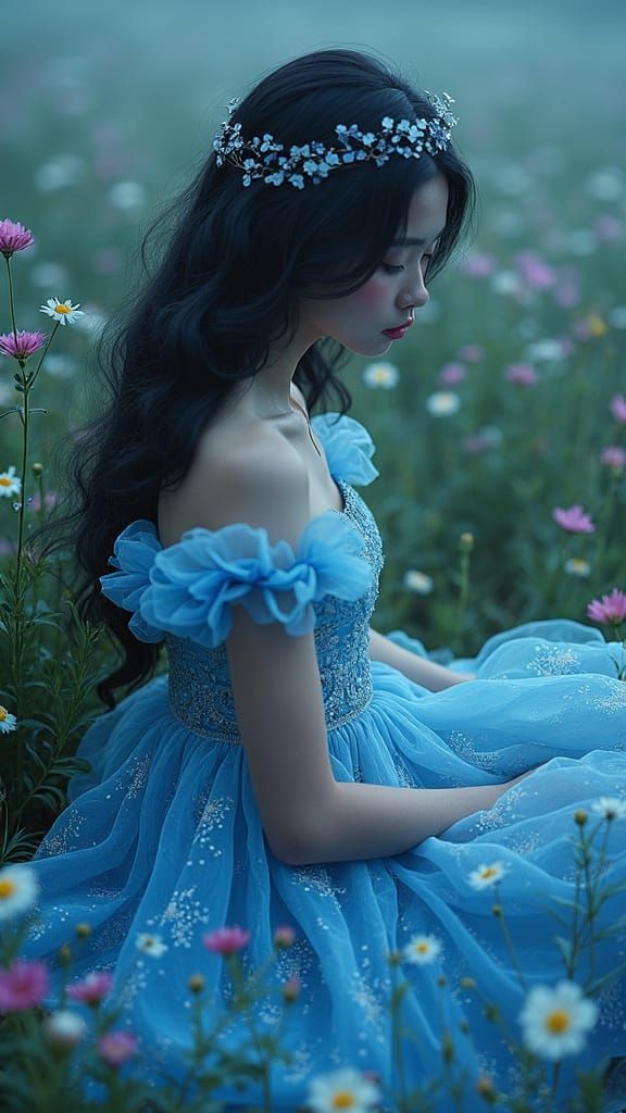 Ethereal Girl Sits Serenely in Vibrant Meadow
