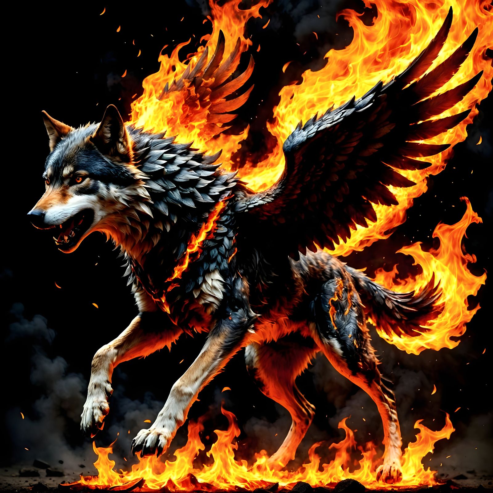 Winged Wolf Soars Through Flames in Fiery Aerial Scene