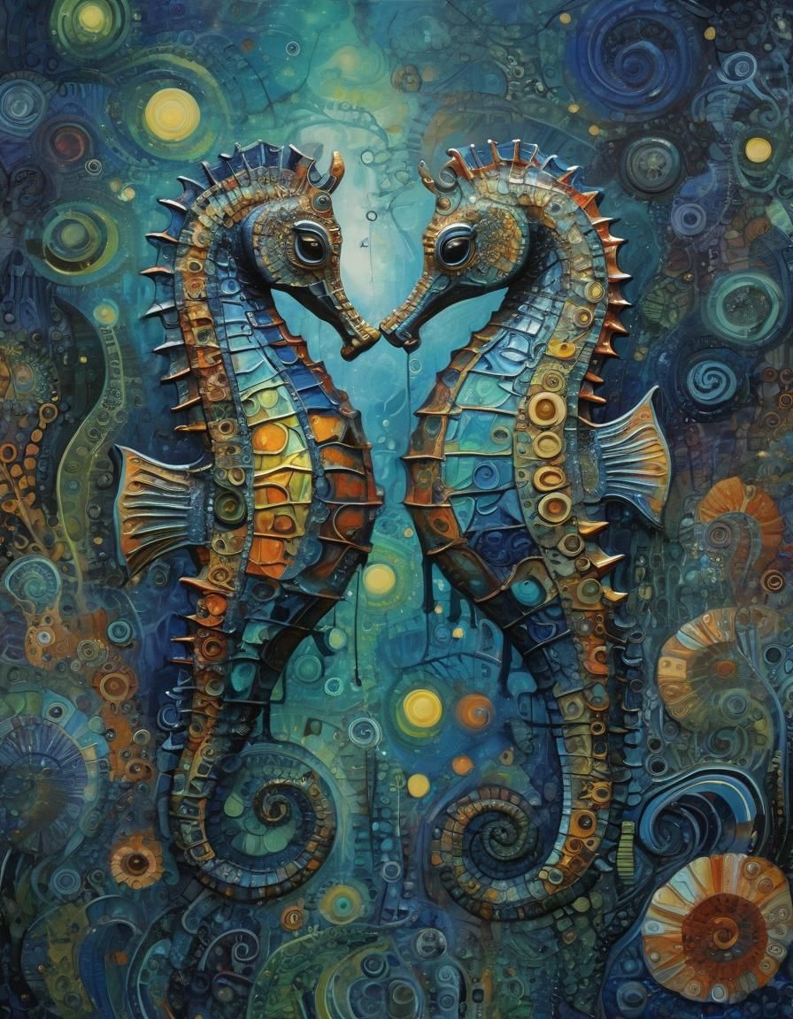 Mystic Seahorses in Expressionist Oil Painting