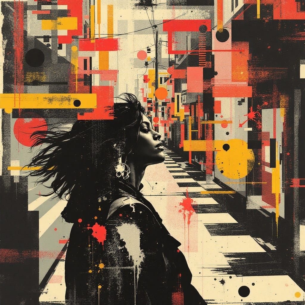 Woman Walking in Neo-Pop Collage Style
