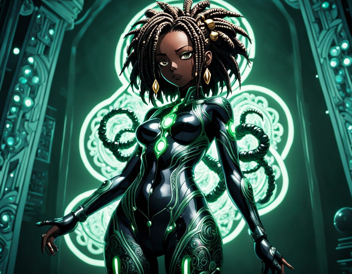 art style of Oku Hiroya's Gantz. Hyper Anime. Full body portrait. A beautiful black woman with lines of glowing Dreads. ...