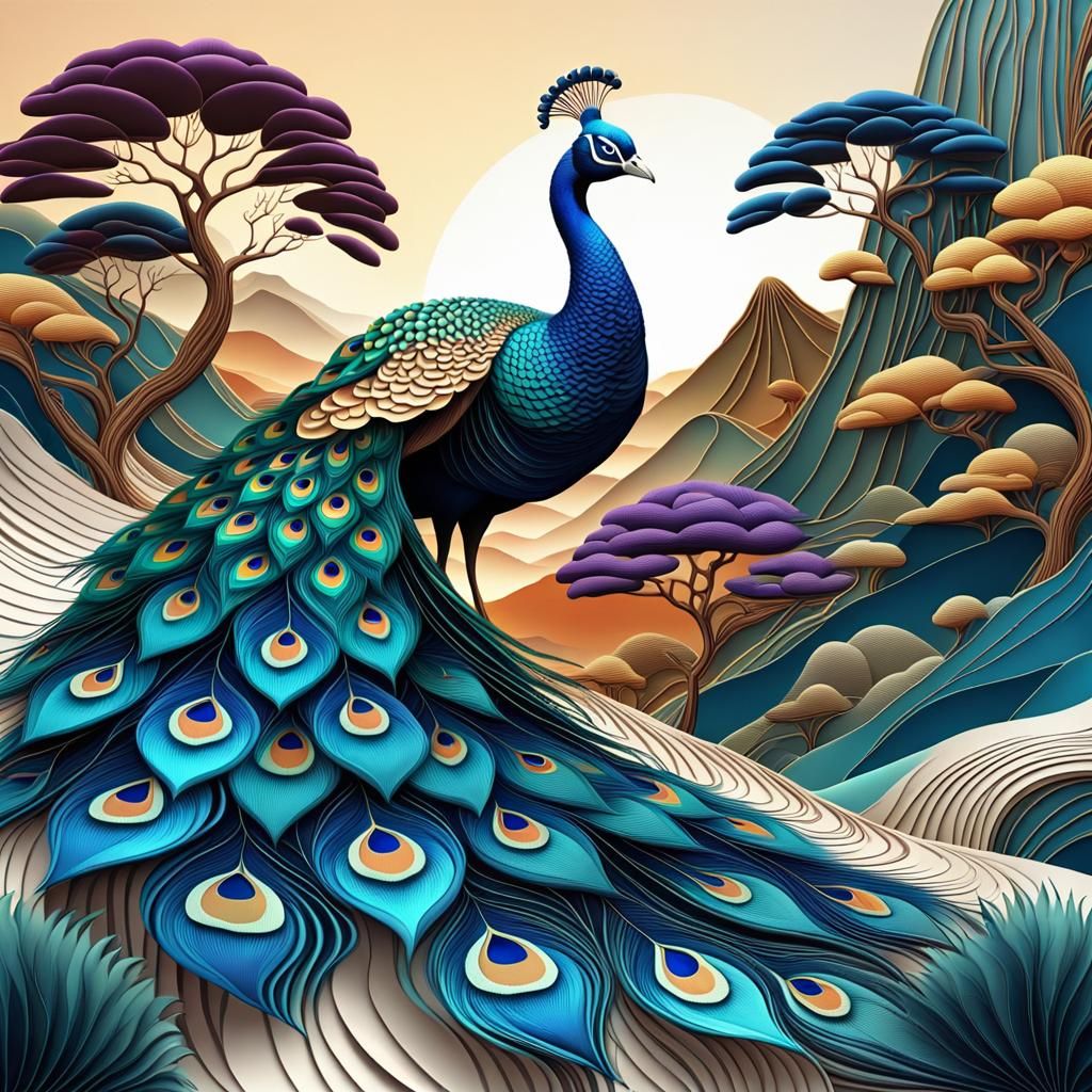 Zen Peacock in Serene Mountain Garden