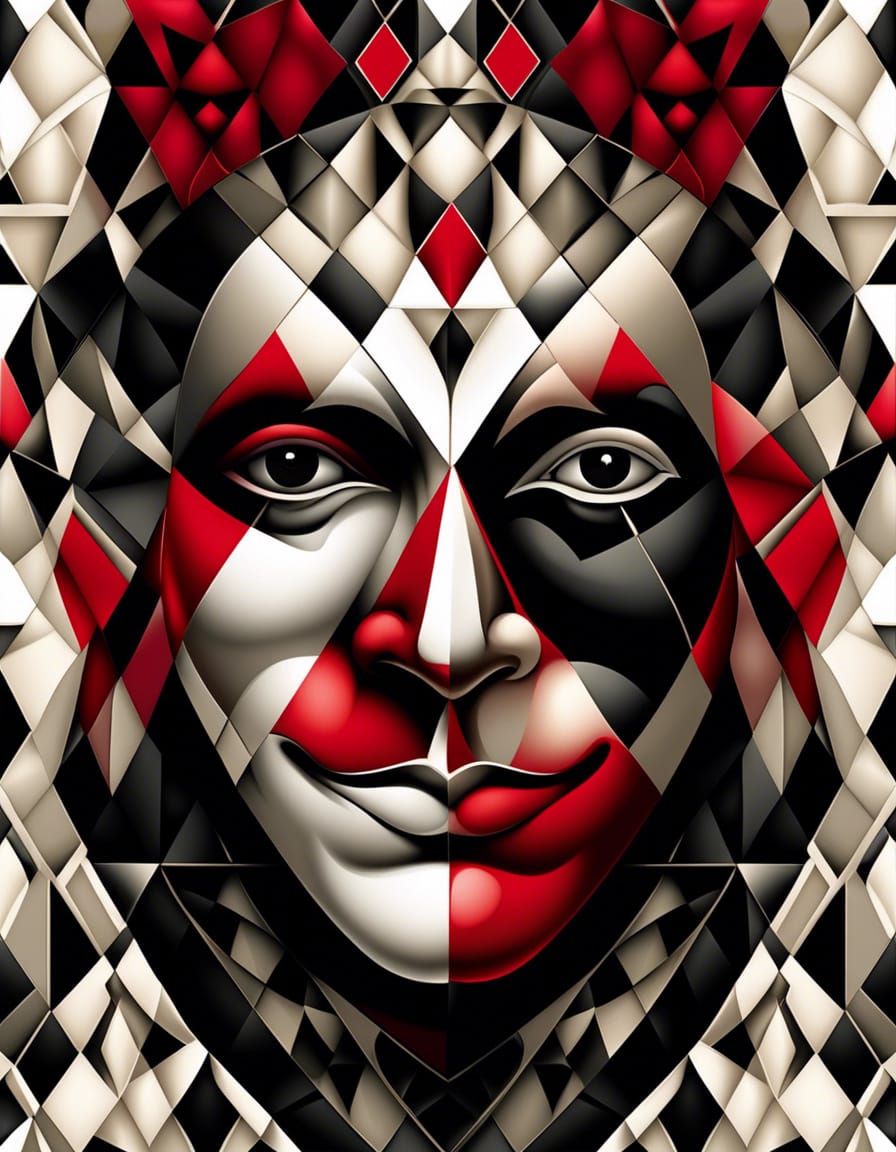Harlequin Jester Split Portrait in Red and Black