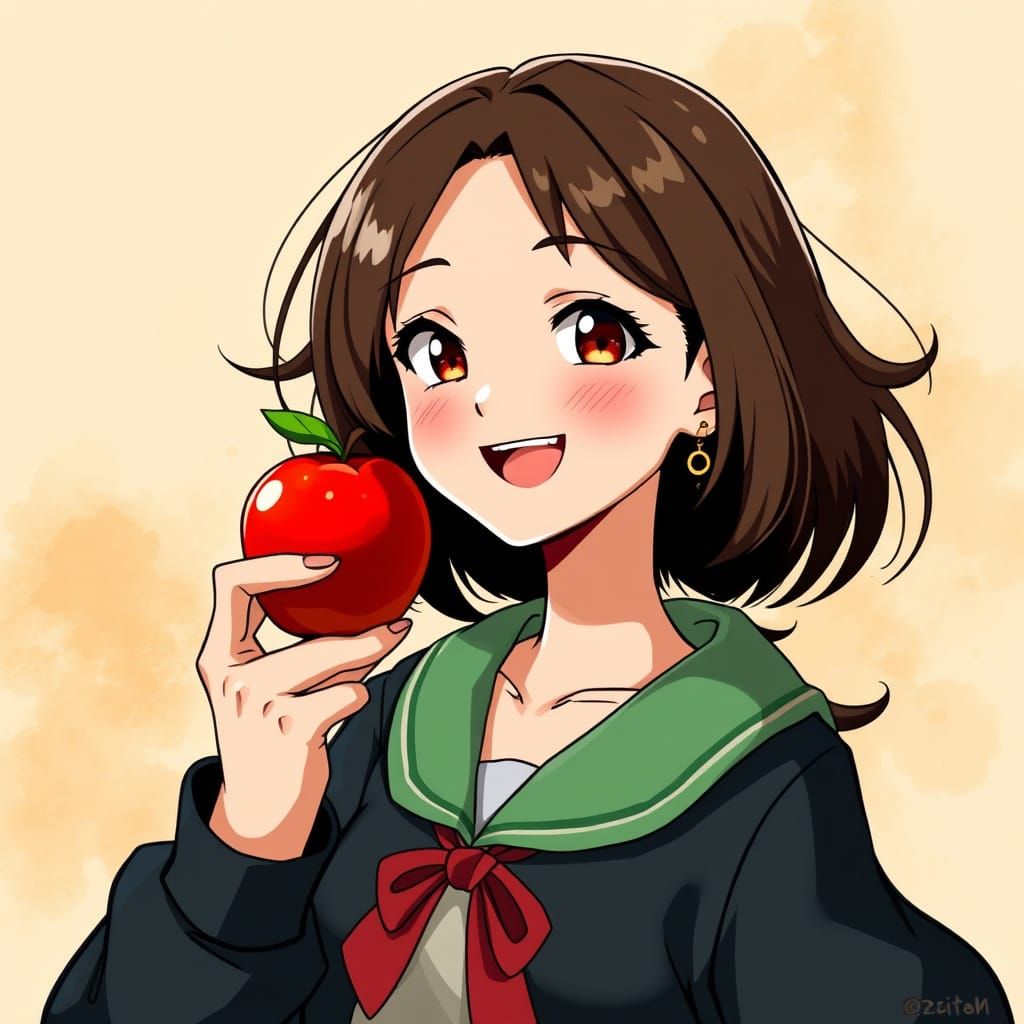Vibrant Female Character Holds a Juicy Apple in a Watercolor...