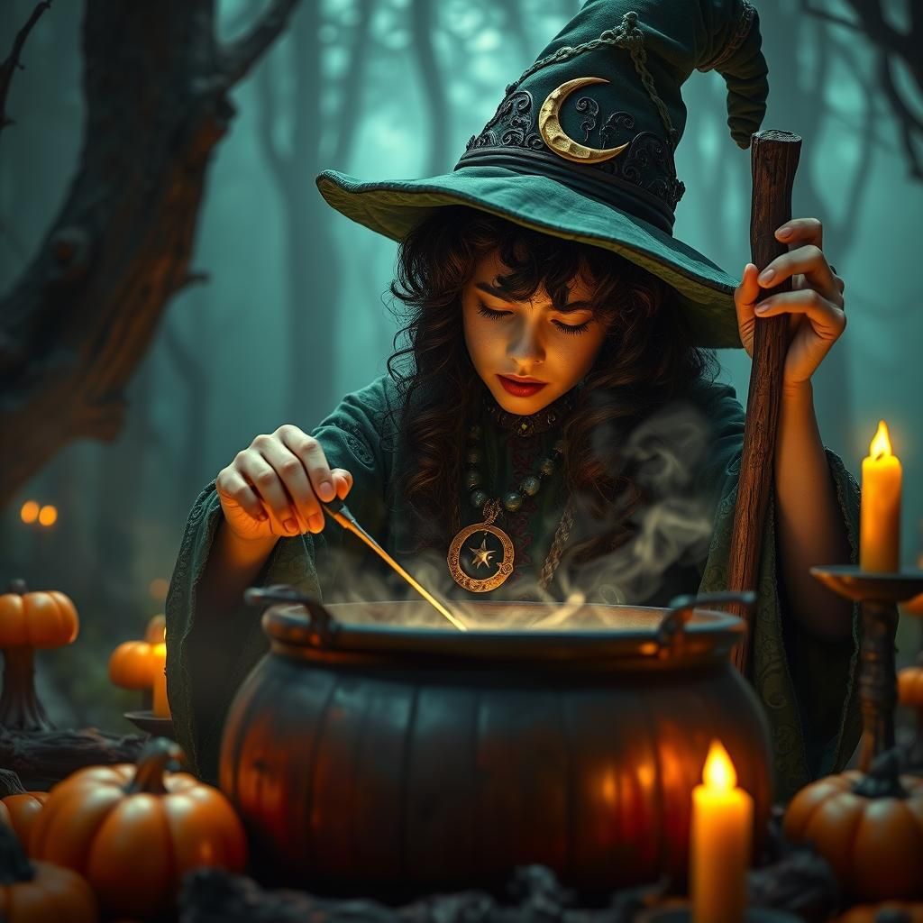 Enchanting Witch Brews Potion in Halloween Forest