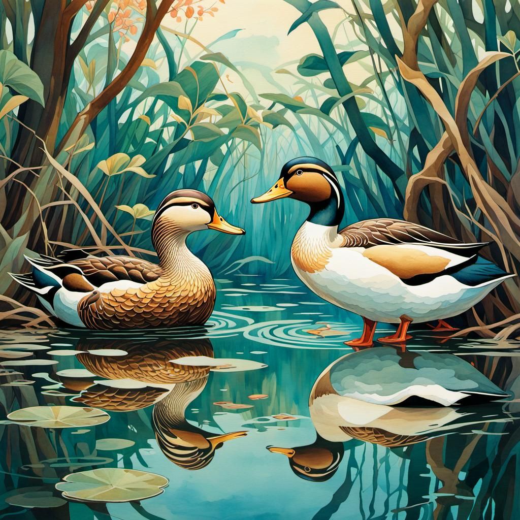 Ducks in Mangrove, Art Nouveau Watercolor