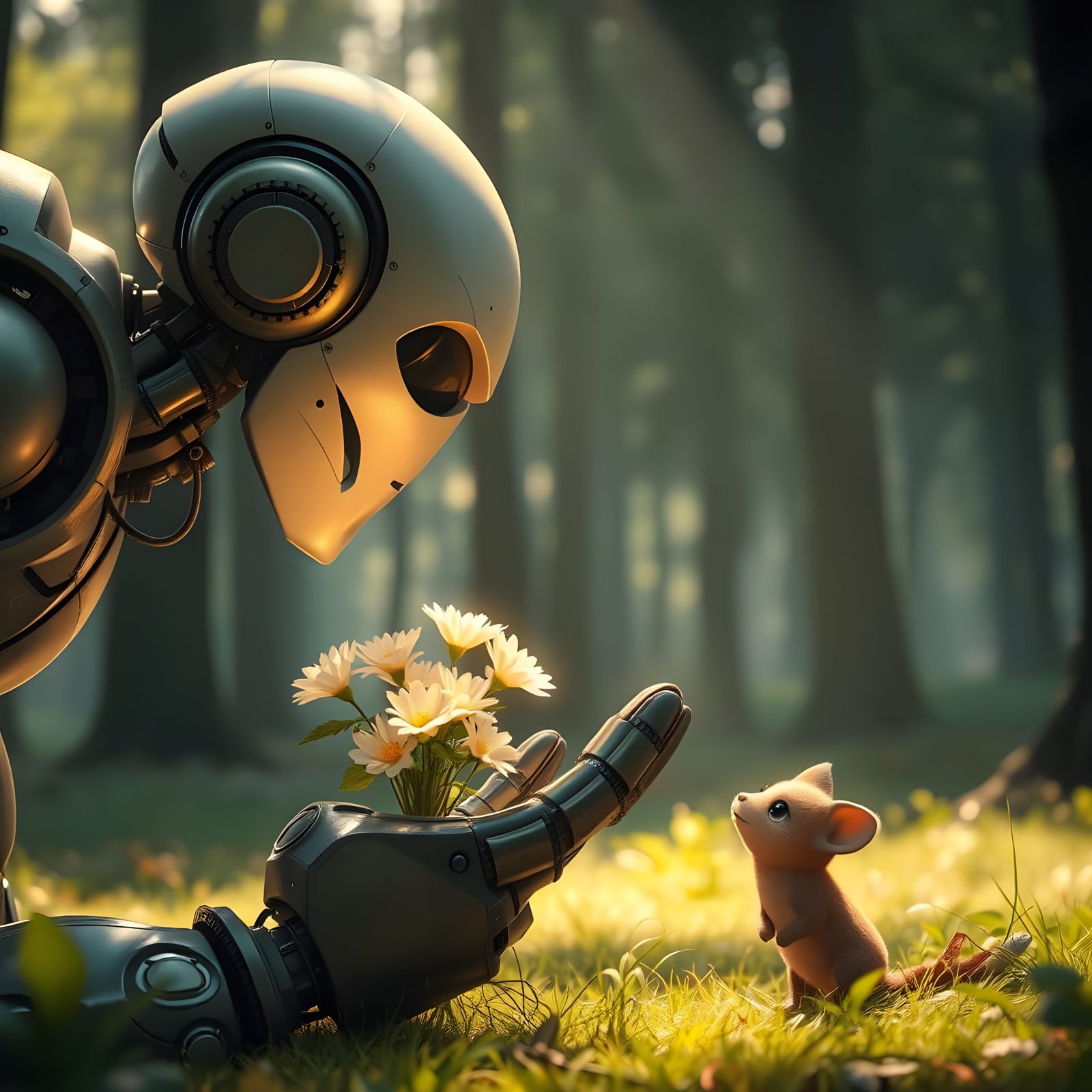 Gentle Robot Offers Alien Flowers to Woodland Creature