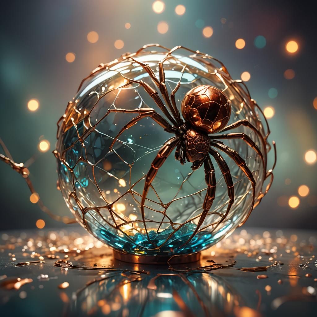 Copper Spider in Glass Sphere: Hyperrealistic Concept Art