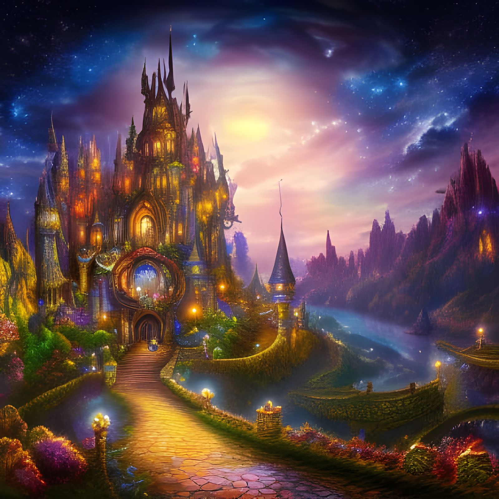 Fantasy Castle Under Starry Night Sky