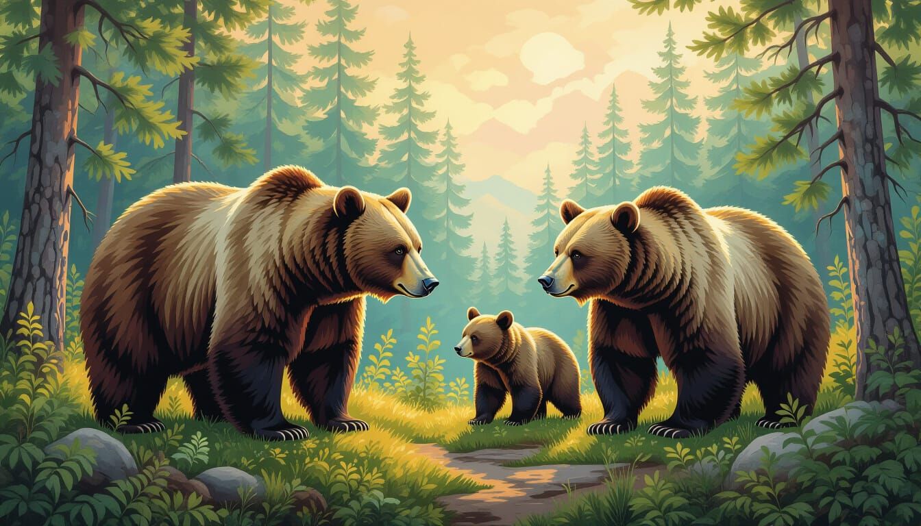 Bears Roaming in Lush Forest, Wildlife Scene