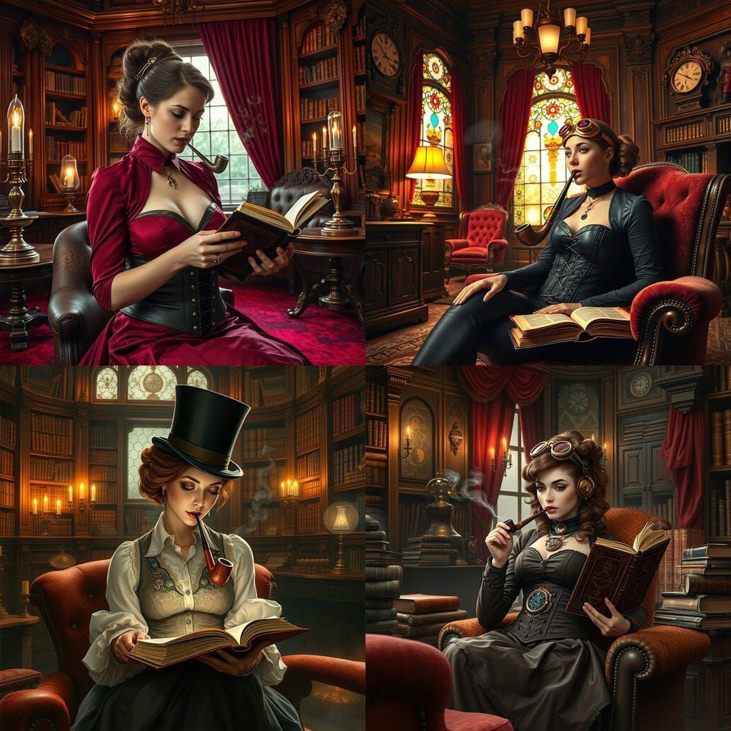 Steampunk Library in Warm Victorian Glow