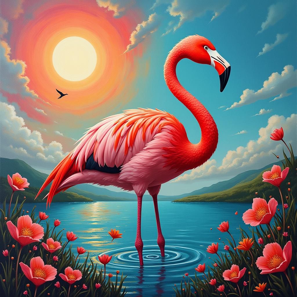 Fantasy Flamingo in a Surreal Swamp Painting