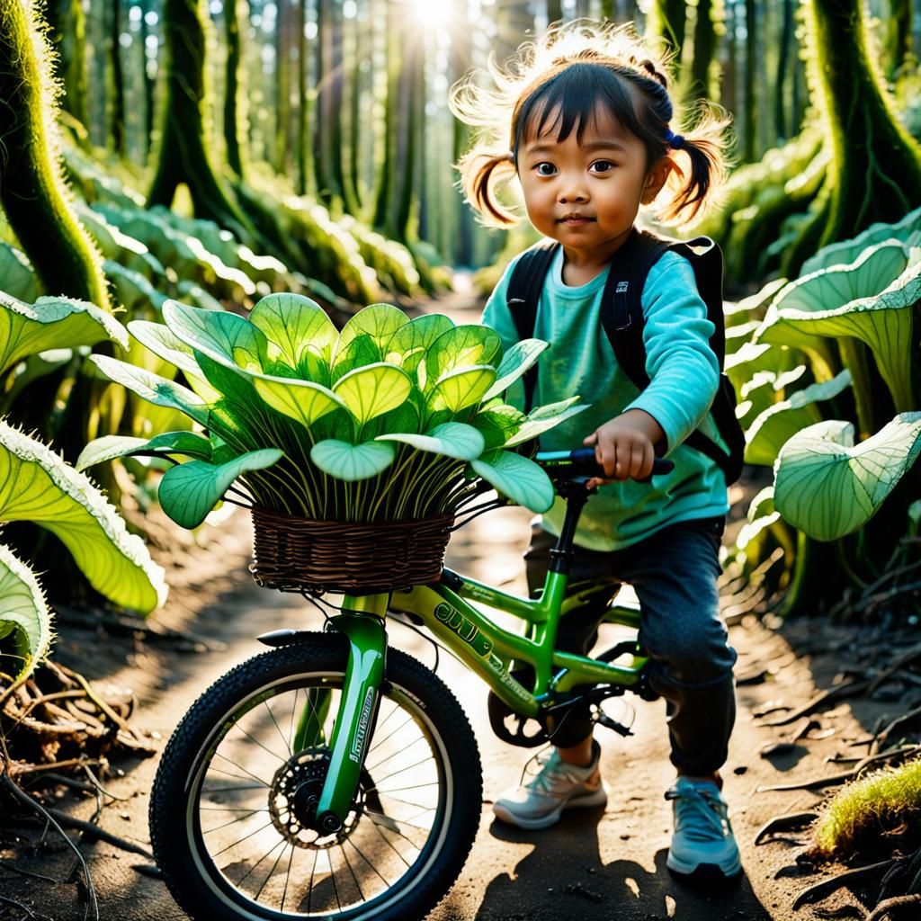 Child Holds Earth Beside eBike in Forest Paradise