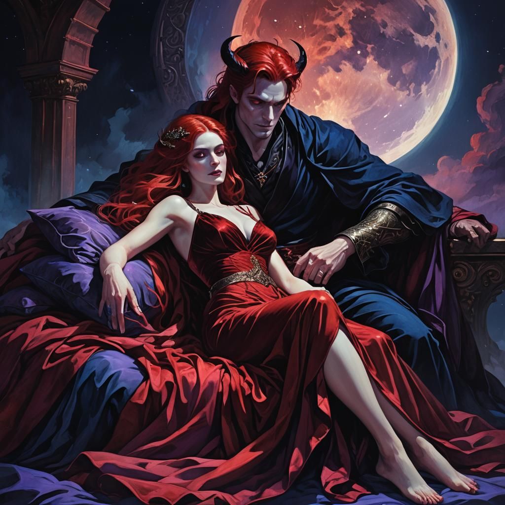 Devilish Woman Watching Over Sleeping Man: Dark Fantasy Art