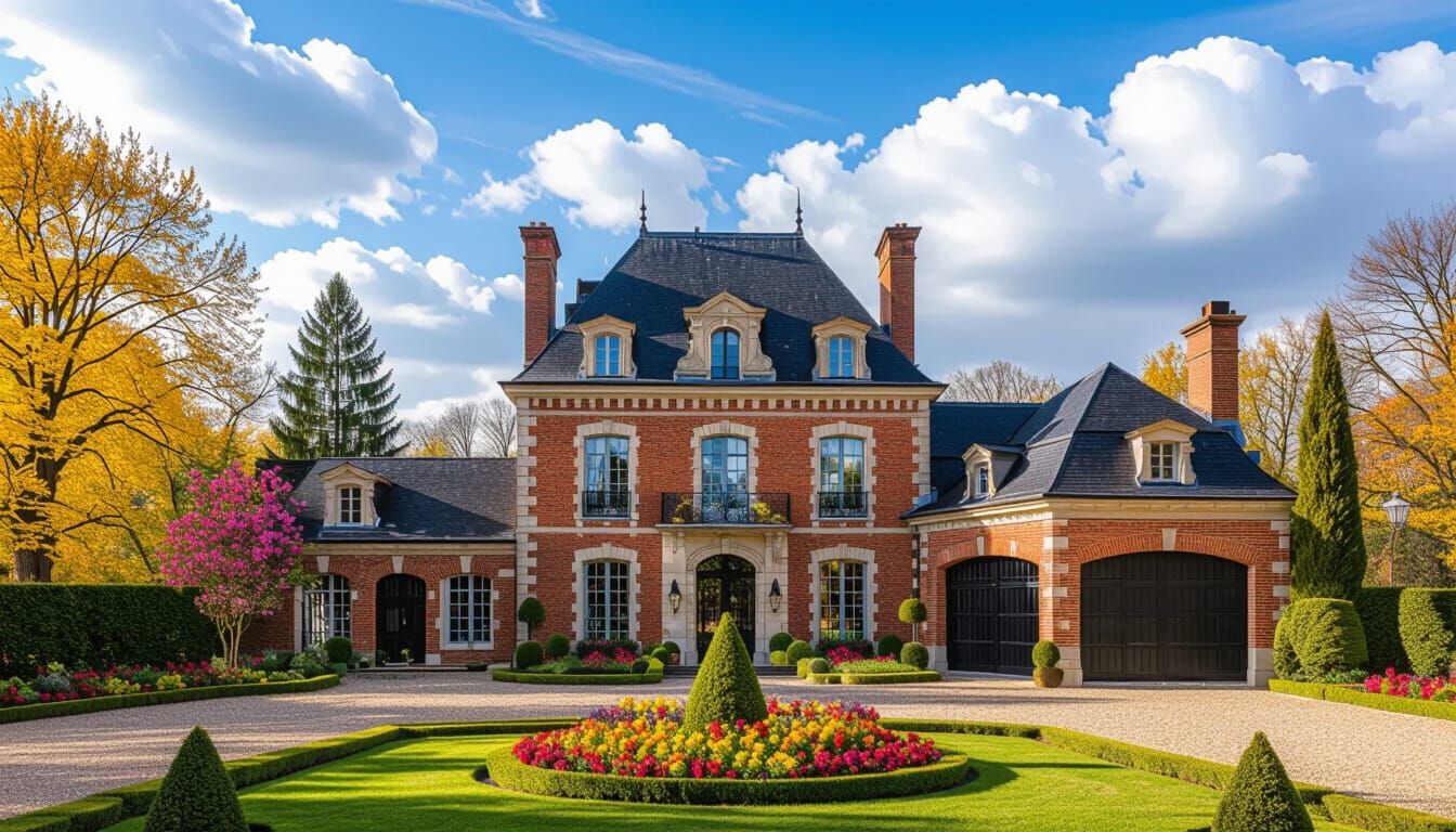 Elegant Chateau Amidst Vibrant Garden and Blue Sky