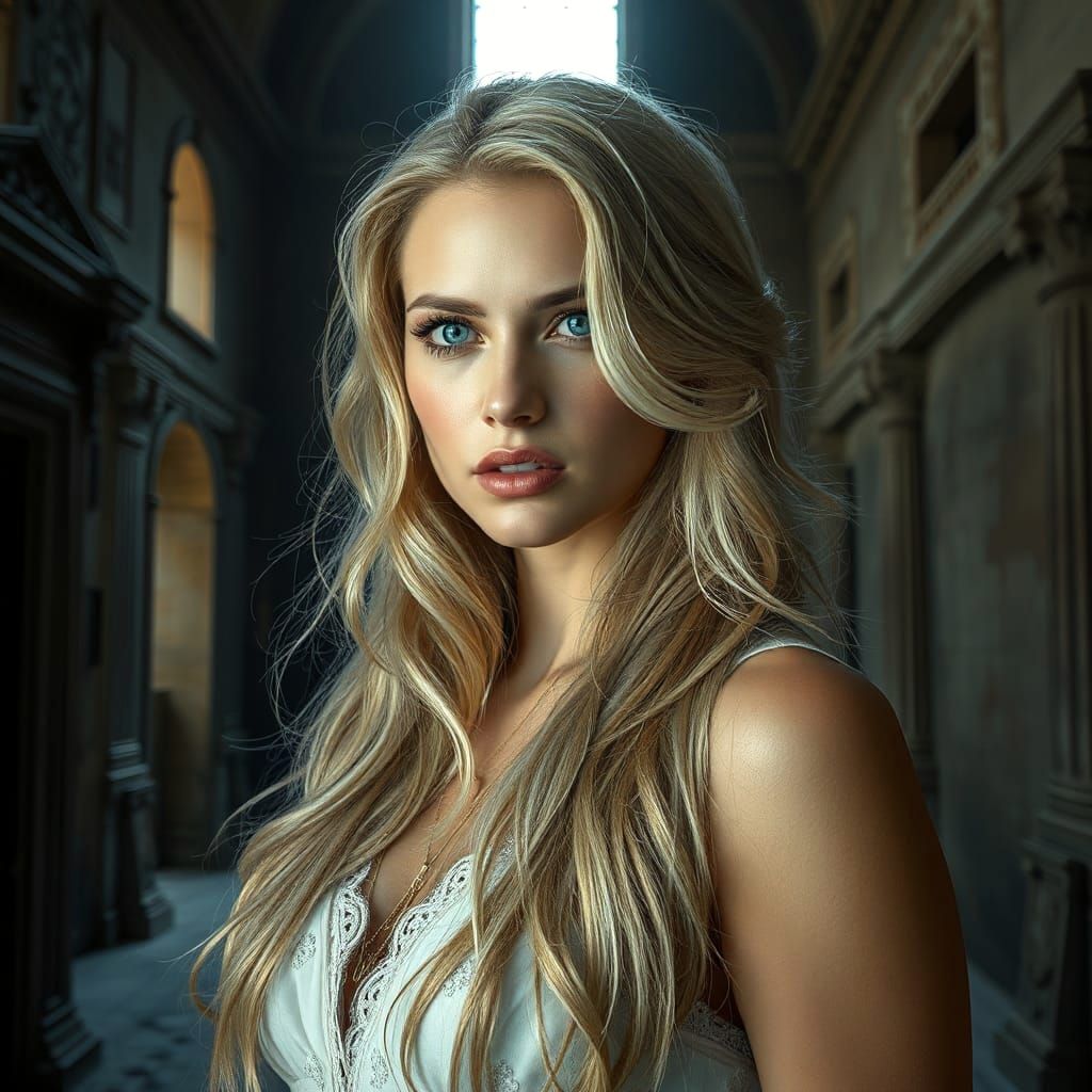 Blonde Woman in Ancient Roman House