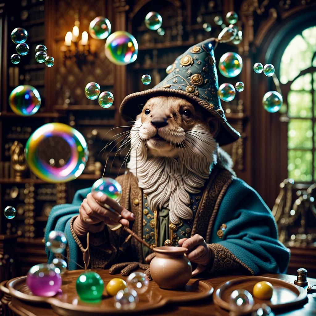 Otter Wizard Playing with Soap Bubbles