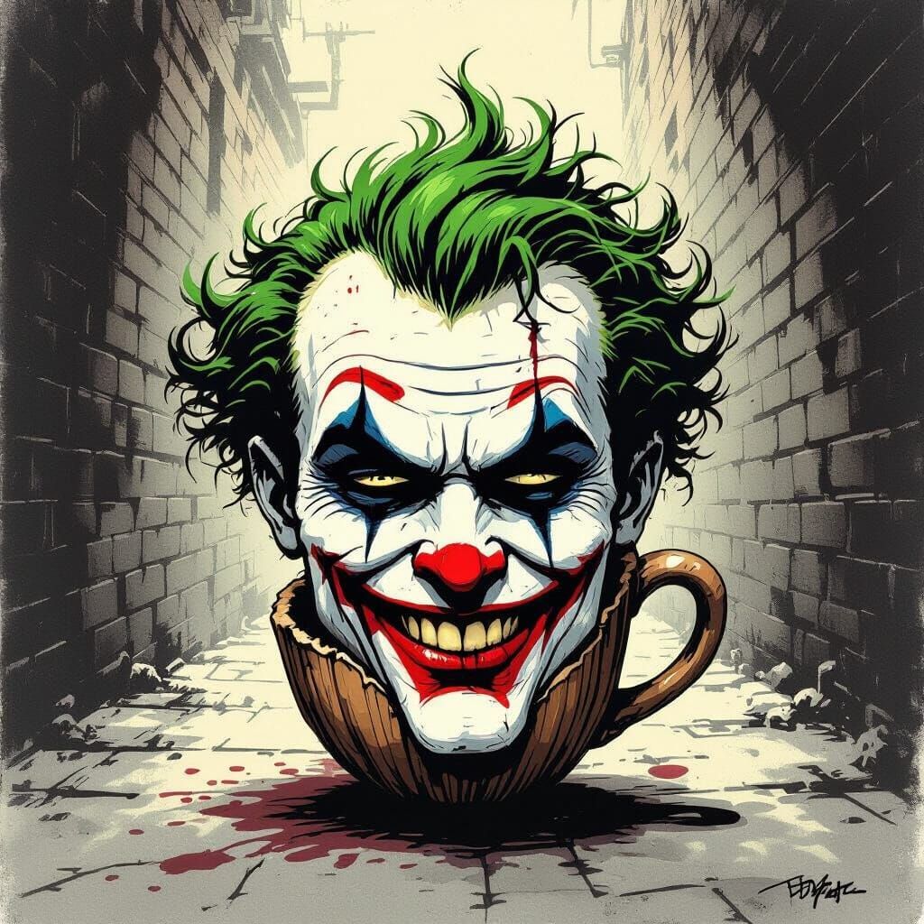 Joker's Grotesque Mugshot: Nutshell Head in Grimy Alley