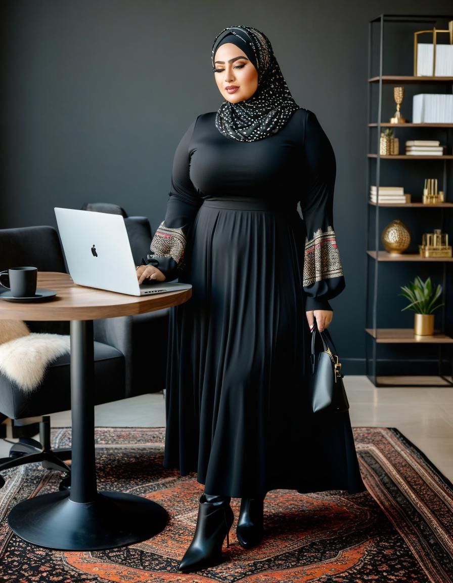 Curvy Woman in Hijab Working in Modern Office