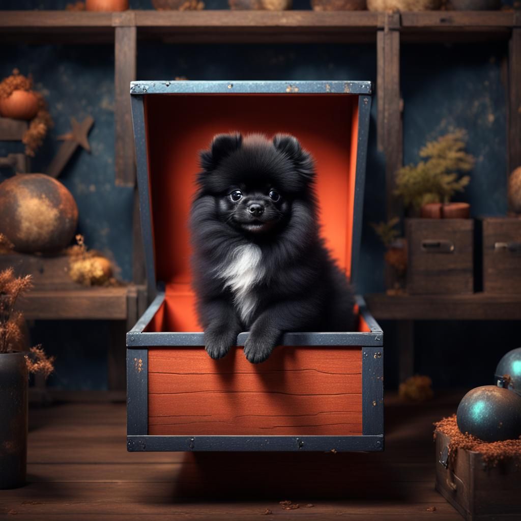 Black Pomeranian Puppy in a Box: Detailed Matte Painting