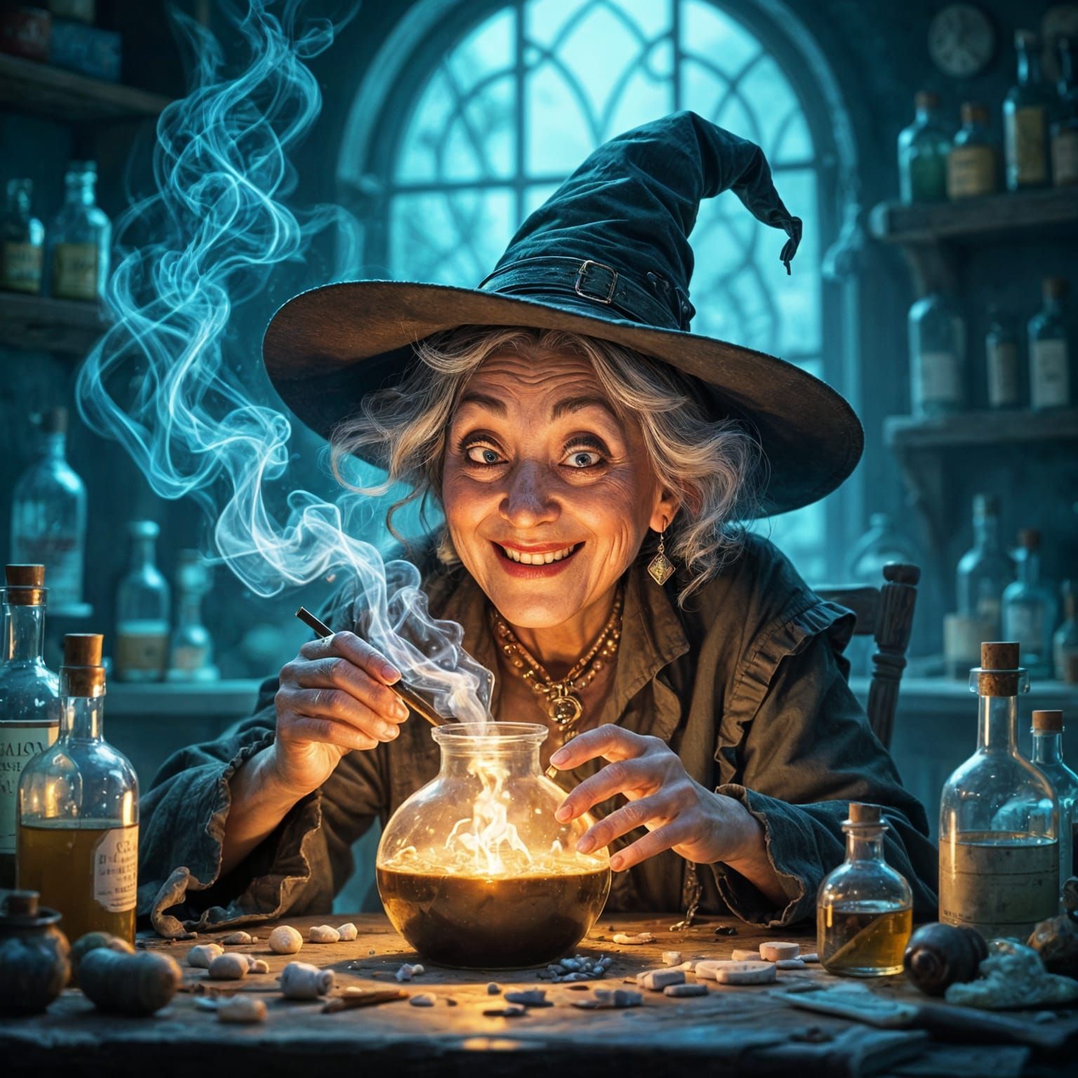 Witch's Youth Potion Mishap: A Slapstick Digital Caricature