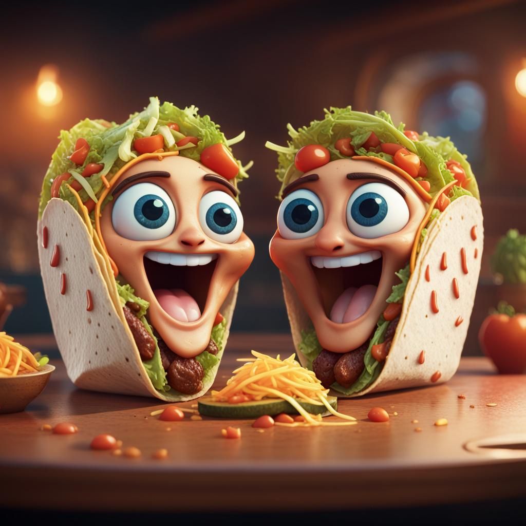 two tacos with faces and eyes are sitting on a table