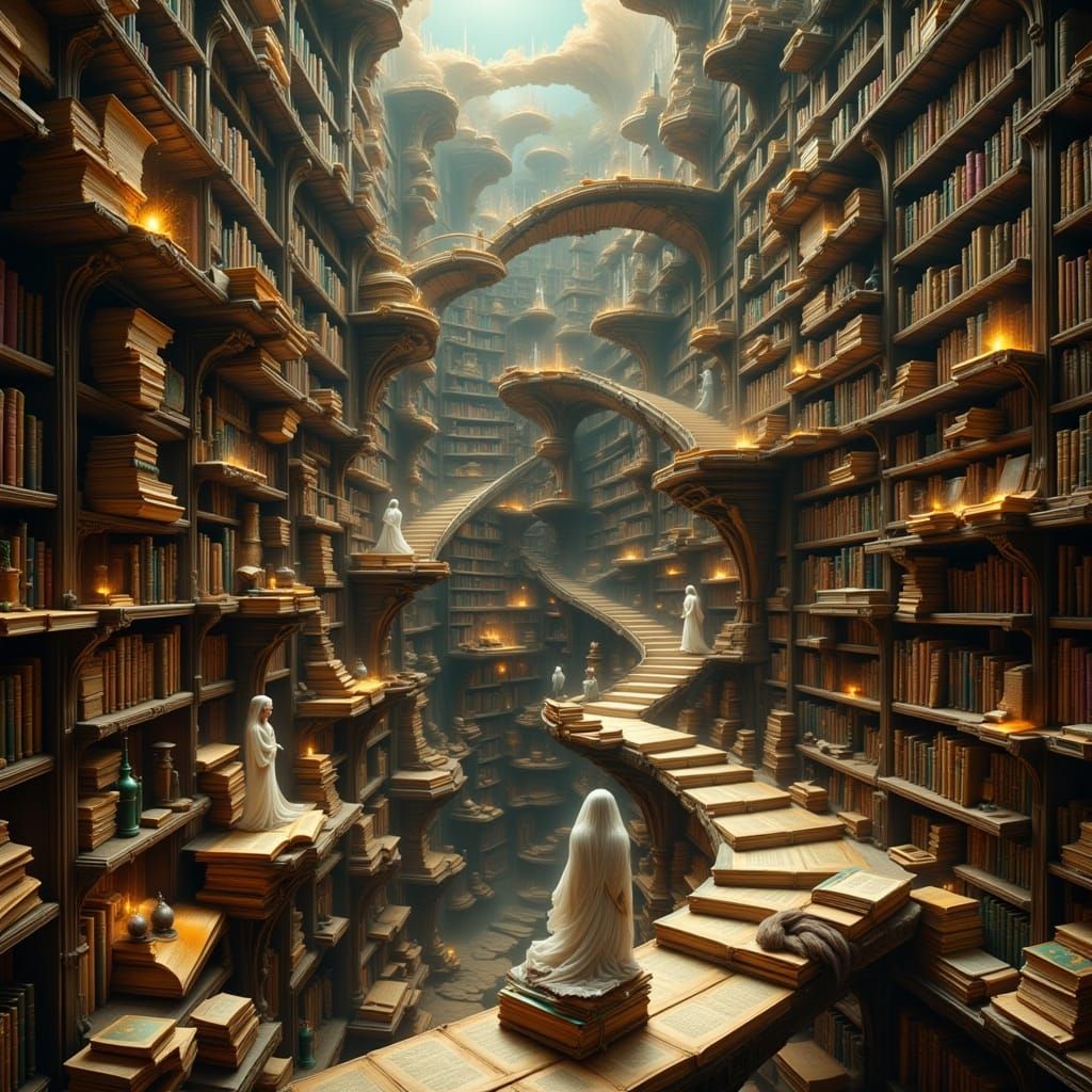 Majestic Library of Giant Books with Ethereal Scholars