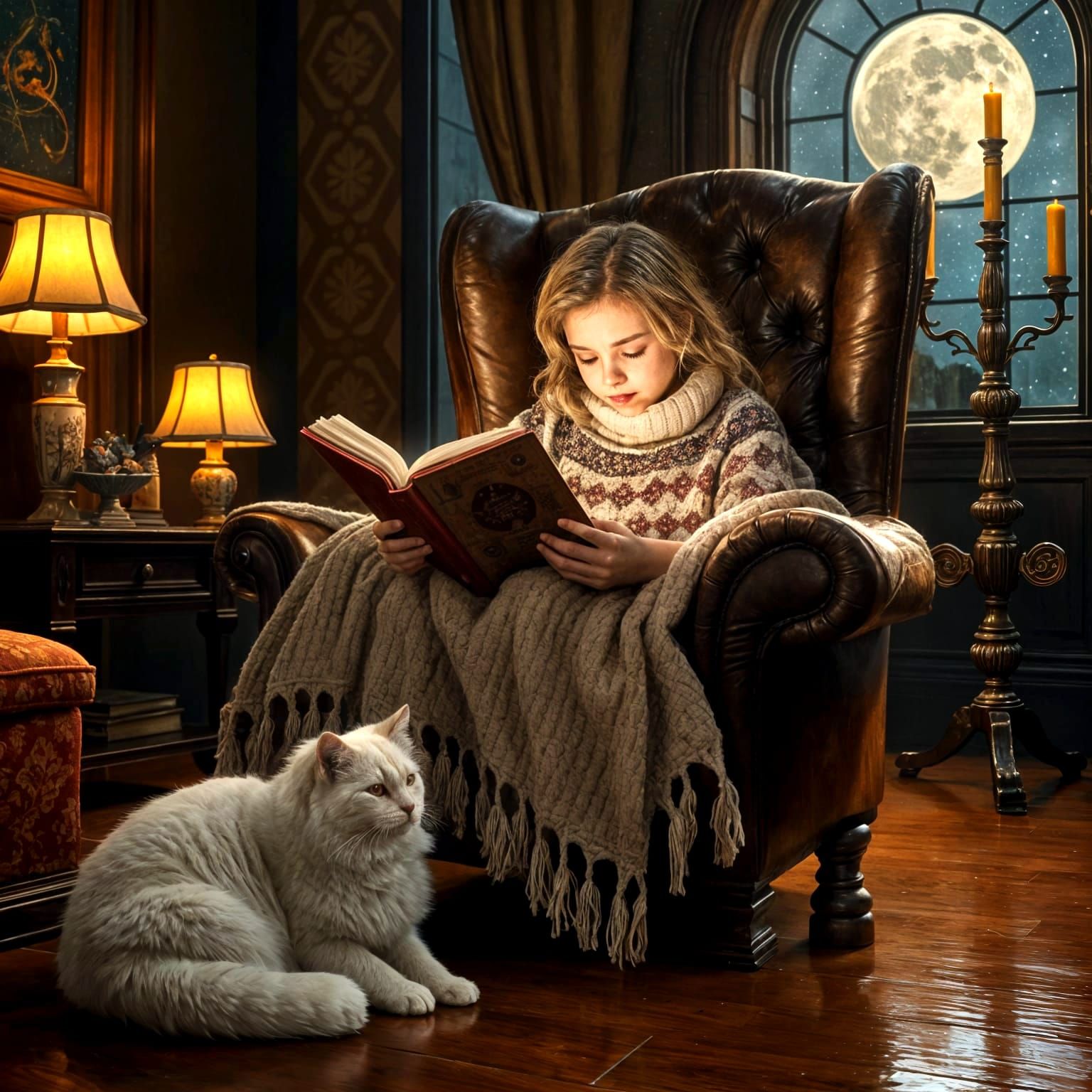 Cozy Night Scene: Girl Reading with Cat Under Moonlight