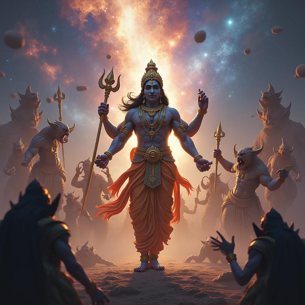 Vishnu Confronts Demons Amidst Galaxy in Sci-Fi Style