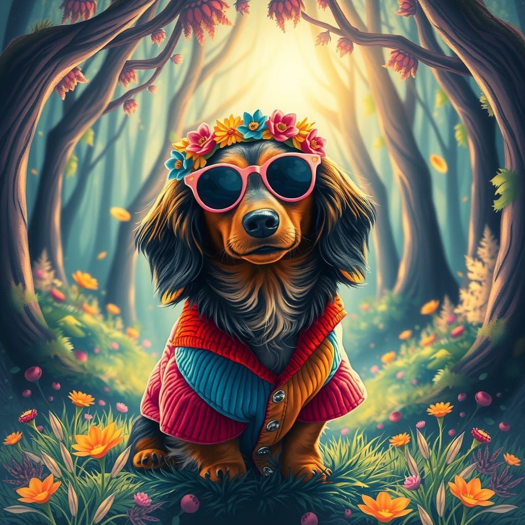 Whimsical Hippie Dachshund in Psychedelic Dreamscape