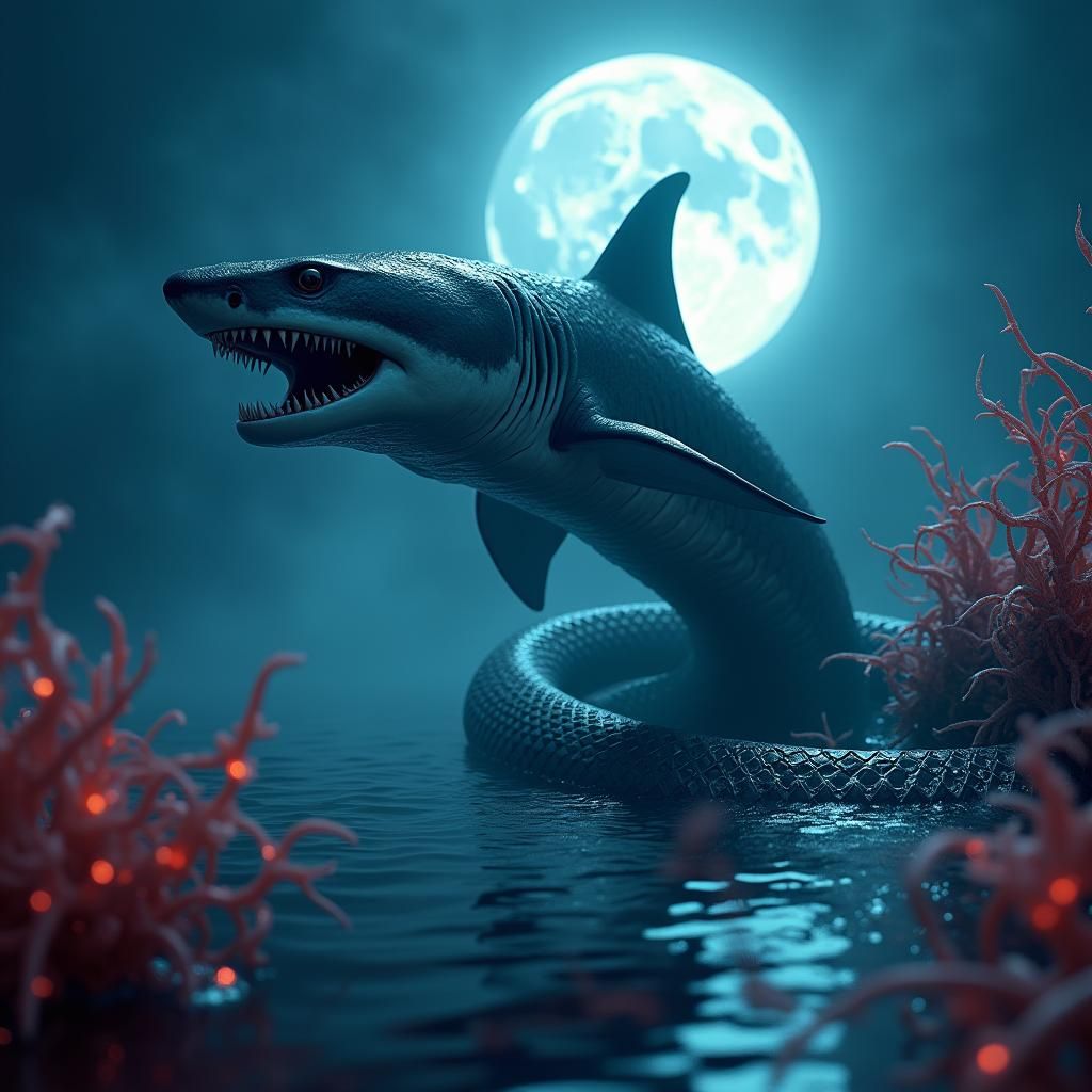 Mythical Shark-Snake Hybrid Breaching Ocean Surface