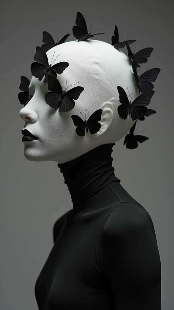 Surreal Portrait of Bandaged Figure with Butterflies