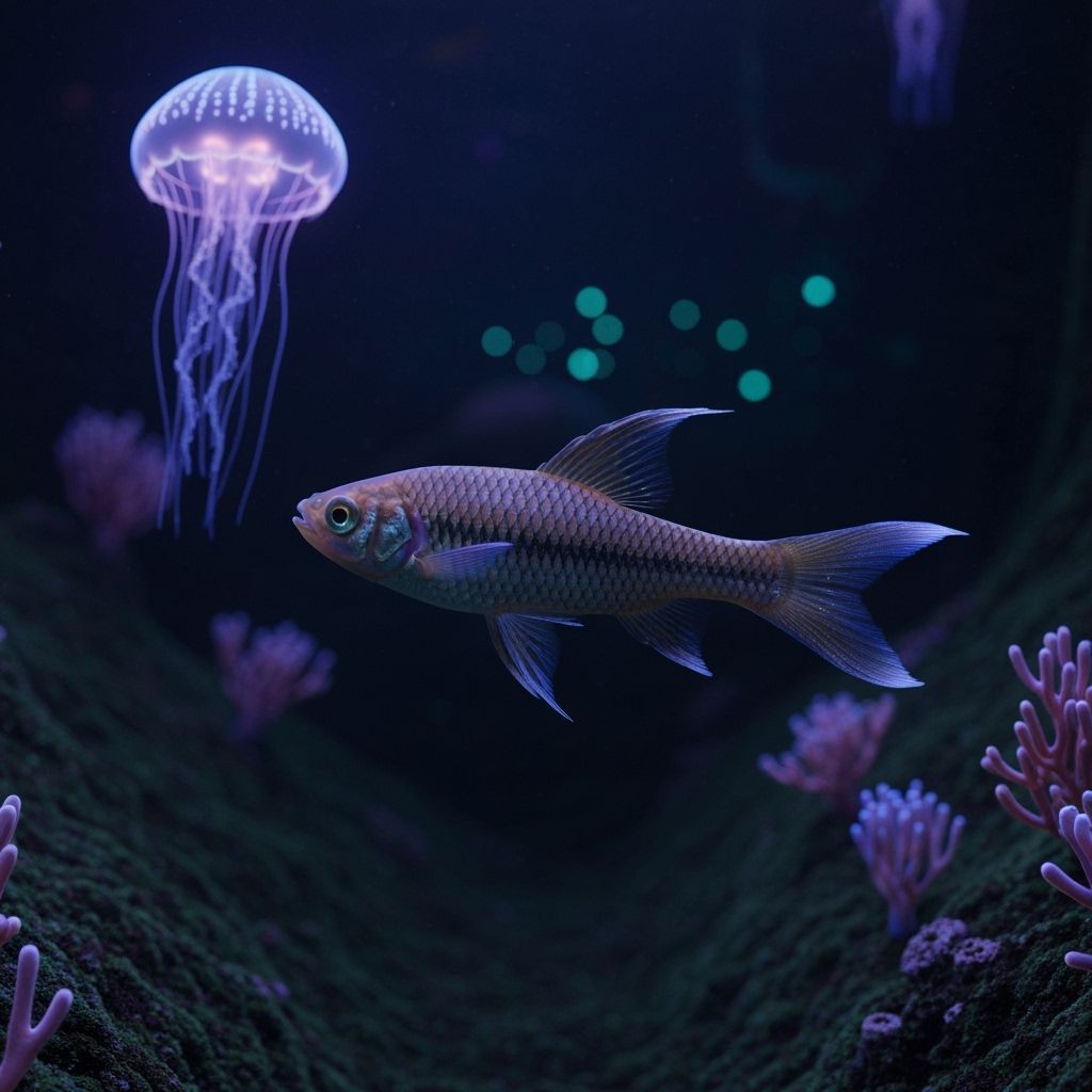 Iridescent Black Zebrafish in Bioluminescent Deep-Sea Trench