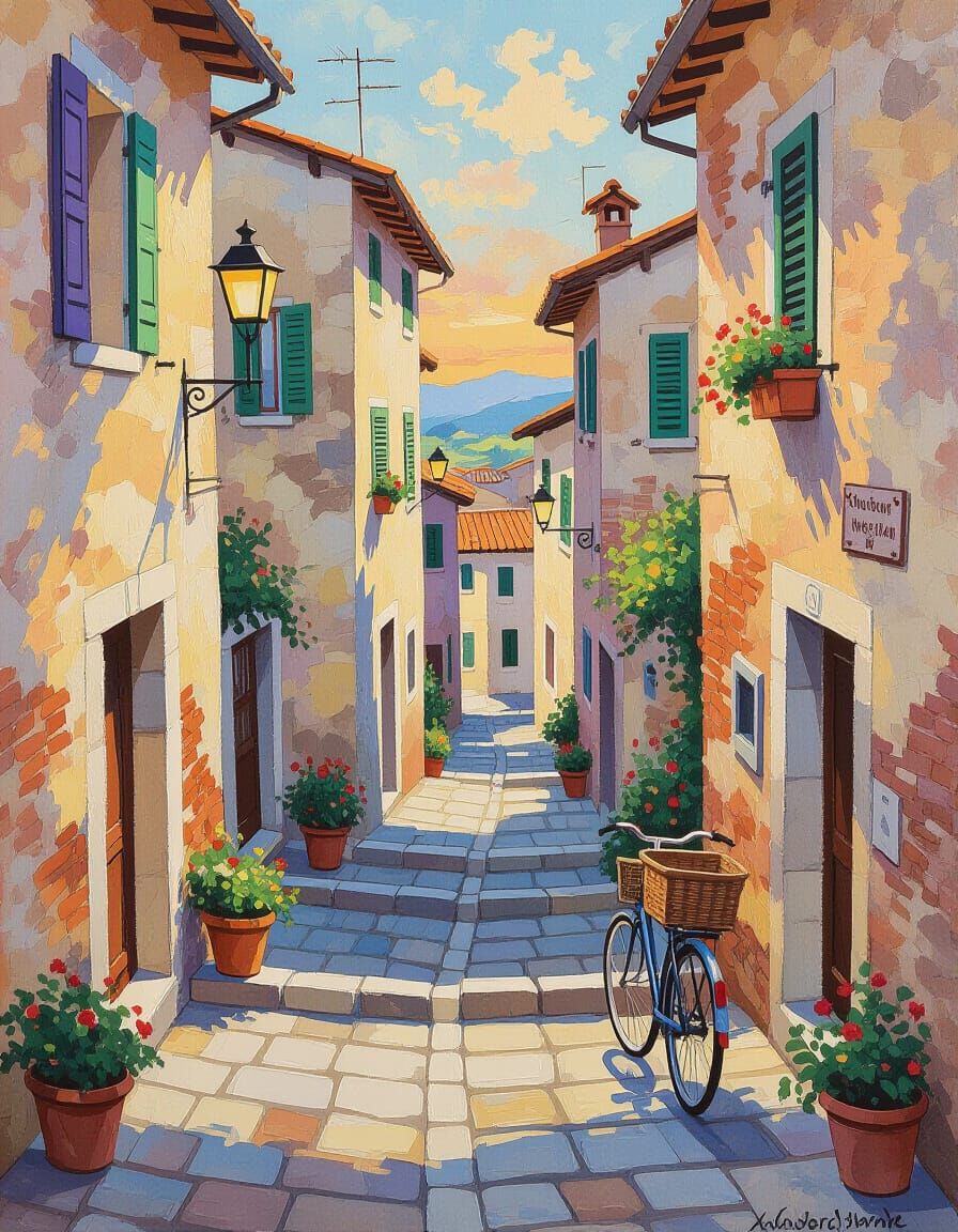 Impressionist Italian Back Alleys with Colorful Shutters