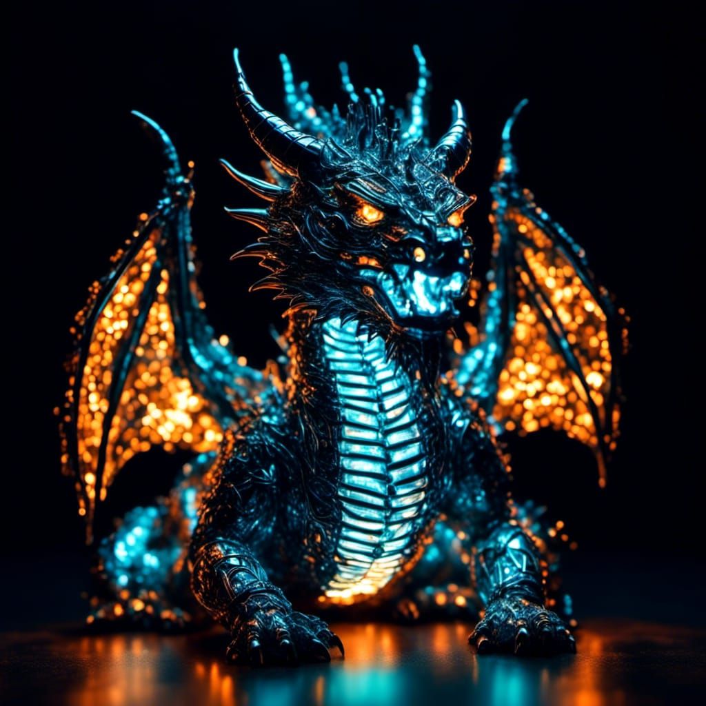 Chrome Circuit Board Dragon with Bioluminescent Wires