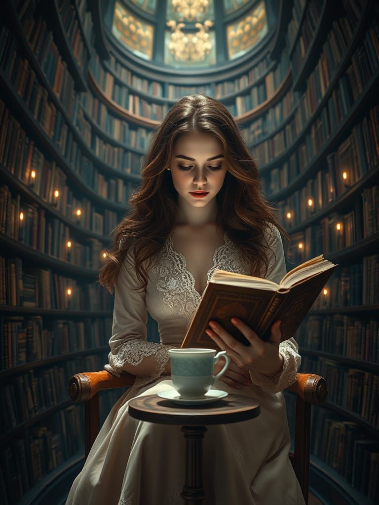 Serene Woman in a Dreamlike Library